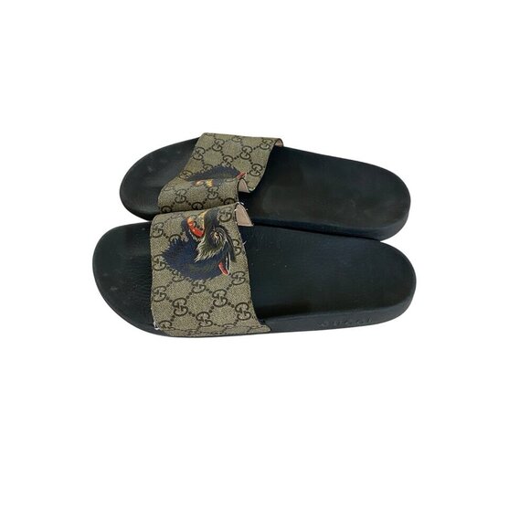 Gucci Men's Authentic Wolf GG Logo Print Brown Black Sandals Slides - 9 - Picture 1 of 16